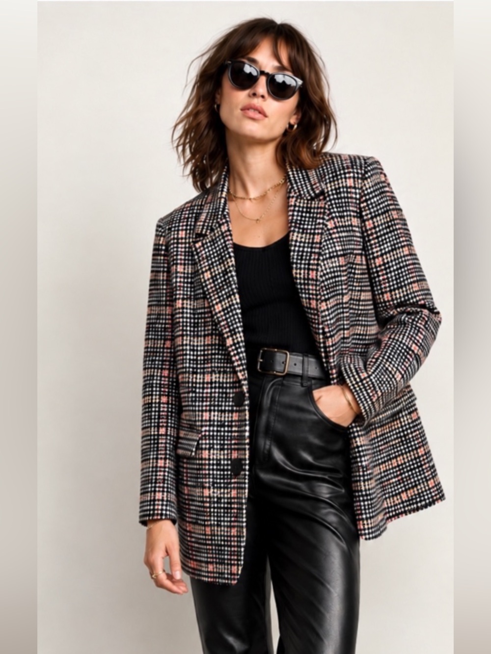 Plaid Blazer Oversized Soft Brush wool blend Tweed Blazer black white NWT Large